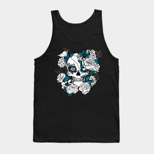 Skull Line Drawing with Butterflies and Flowers in Blue and Black Tank Top